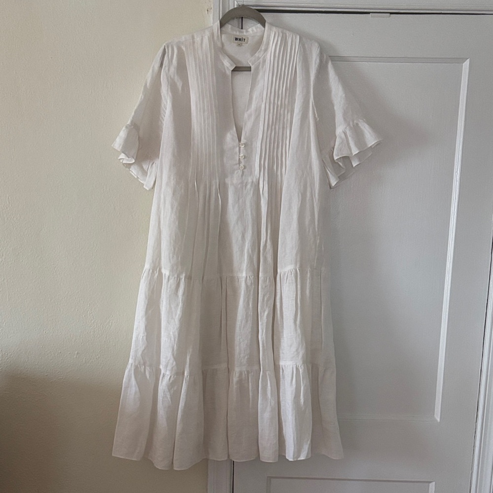 WHIT WHITE LINEN MIDI DRESS, M